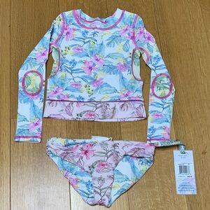 LoveShackFancy x Hurley  Pink and Blue Floral Kids Swim Rash-guard & reversible